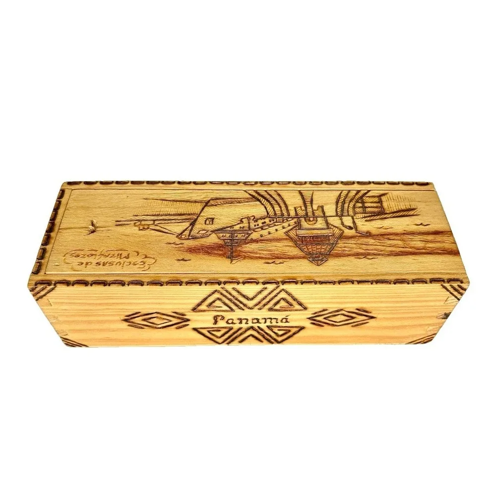 Vintage Panama Miraflores Locks Wood Carved Box Double Six Dominoes Set Spinner